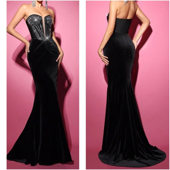Luxe Black Velvet Strapless High Waisted Party Evening Wedding Dress - Picture 3 of 3